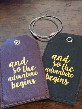 NEW Maroon Black PU Leather AND SO THE ADVENTURE BEGINS Privacy Luggage Tags x 2